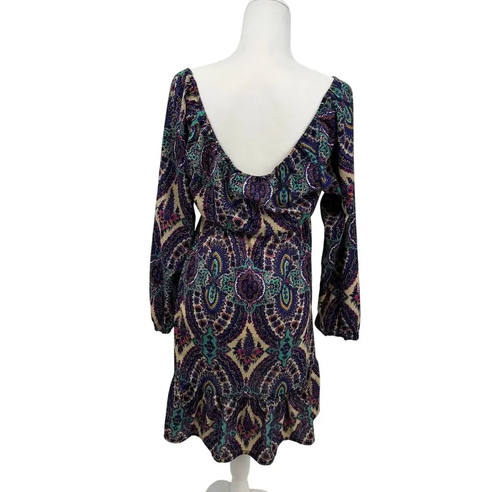 Earthbound Long Sleeve Midi Dress M Purple Paisley Y2K Tie Neck Babydoll Boho - Picture 6 of 9